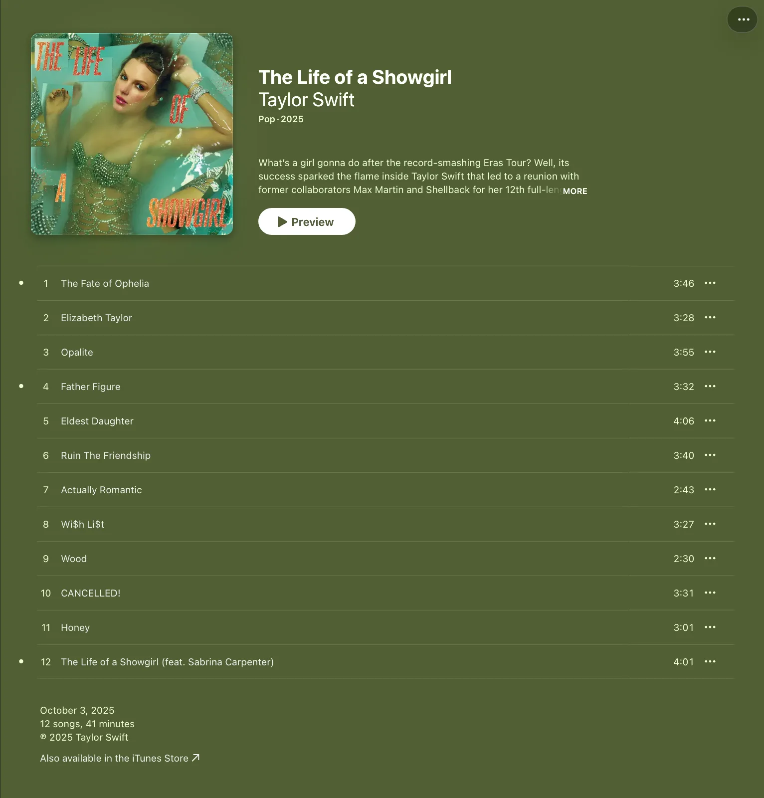 ภาพหน้าจอหน้าอัลบั้ม The Life of a Showgirl ของ Taylor Swift บน Apple Music แสดงปกอัลบั้ม รายชื่อ 12 เพลง วันที่ 3 ตุลาคม 2025 และความยาว 41 นาที