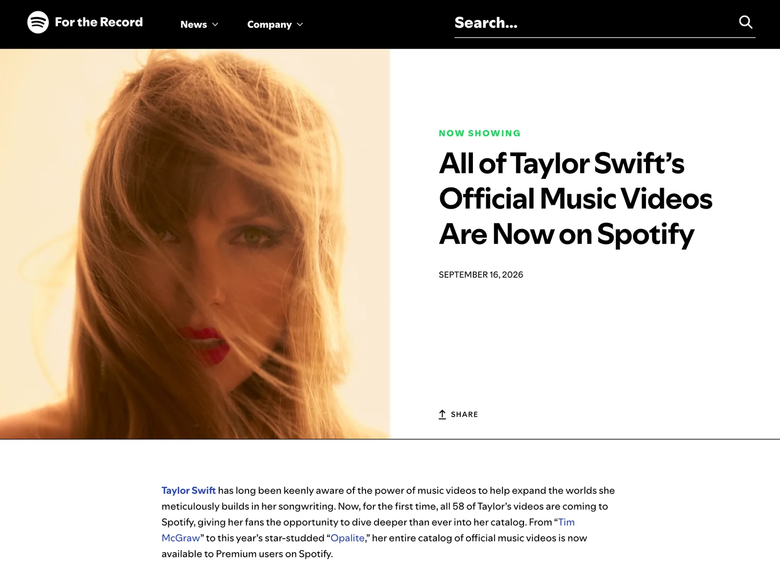 ภาพหน้าจอประกาศ All of Taylor Swift's Official Music Videos Are Now on Spotify บนเว็บไซต์ For the Record ของ Spotify ลงวันที่ 16 กันยายน 2026