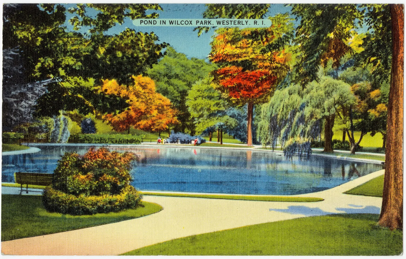 โปสการ์ดสีสระน้ำในสวนสาธารณะ Wilcox Park เมือง Westerly รัฐ Rhode Island ราวปี 1930–1945