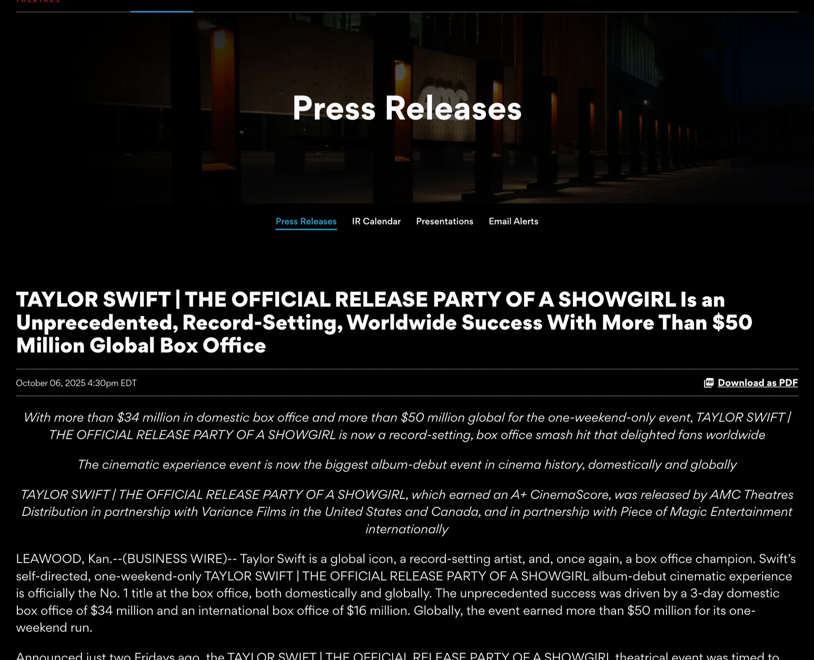 ภาพหน้าจอประกาศข่าวของ AMC Entertainment วันที่ 6 ตุลาคม 2025 หัวข้อ Taylor Swift The Official Release Party of a Showgirl ทำรายได้ทั่วโลกเกิน 50 ล้านดอลลาร์