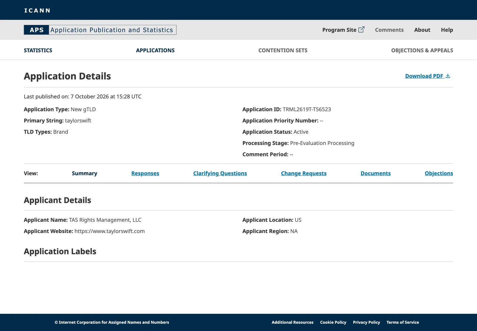 หน้า Application Details บนเว็บไซต์ APS ของ ICANN แสดงใบสมัคร TRML2619T-T56523 สตริง taylorswift ประเภท Brand สถานะ Active ผู้ยื่น TAS Rights Management, LLC