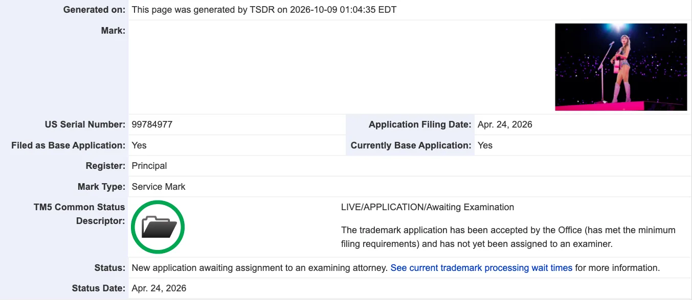 ภาพหน้าจอระบบ TSDR ของ USPTO แสดงคำขอเครื่องหมายการค้าเลขที่ 99784977 เป็นภาพ Taylor Swift ถือกีตาร์สีชมพูบนเวที ยื่นวันที่ 24 เมษายน 2026 สถานะ LIVE/APPLICATION/Awaiting Examination