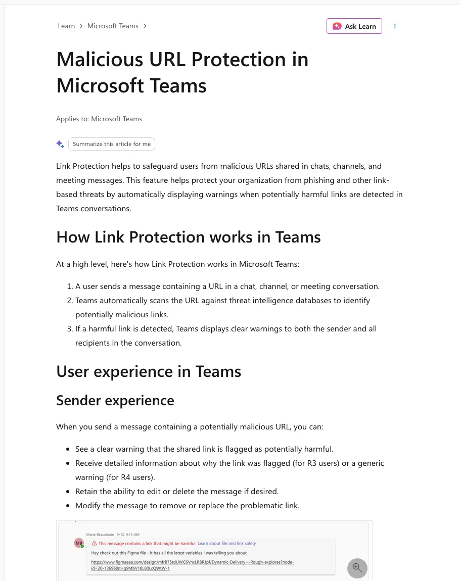 หน้า Microsoft Learn เรื่อง Malicious URL Protection in Microsoft Teams อธิบายว่า Teams สแกน URL เทียบฐานข้อมูลภัยคุกคามและแสดงคำเตือนแก่ผู้ส่งและผู้รับ