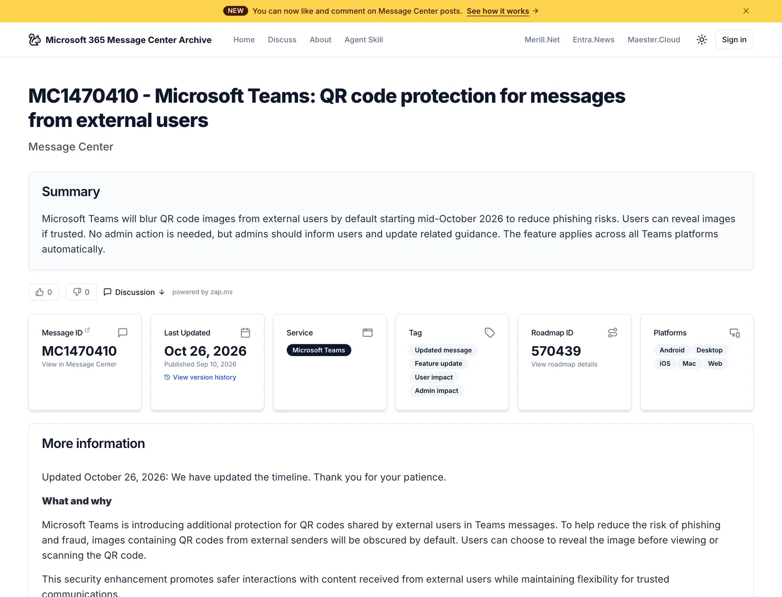 ข้อความ MC1470410 Microsoft Teams: QR code protection for messages from external users อัปเดต 26 ตุลาคม 2026 เรื่องการเบลอภาพ QR code จากผู้ส่งภายนอก