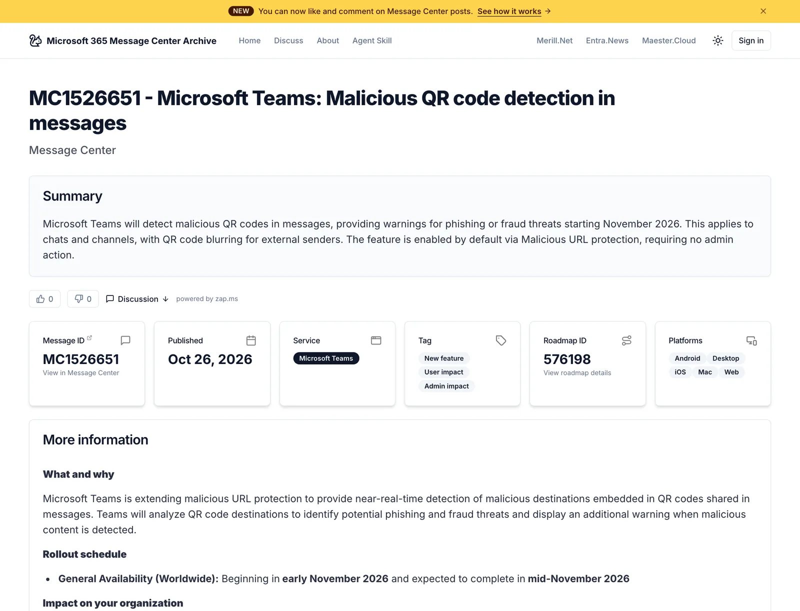 ข้อความ MC1526651 Microsoft Teams: Malicious QR code detection in messages เผยแพร่ 26 ตุลาคม 2026 ระบุว่า Teams ตรวจ QR code อันตรายในข้อความ เปิดใช้ต้นถึงกลางเดือนพฤศจิกายน 2026