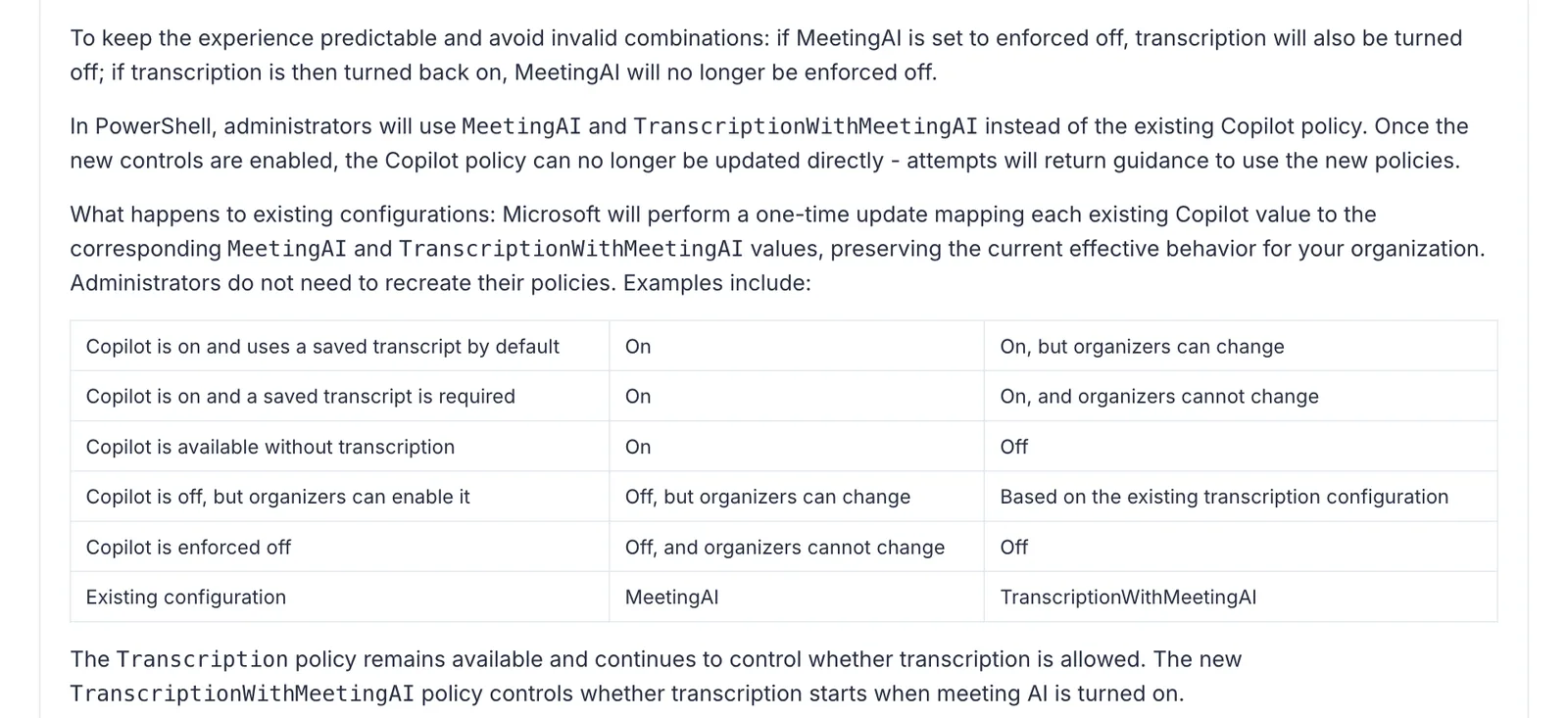 ตารางการแปลงค่า Copilot เดิมเป็น MeetingAI และ TranscriptionWithMeetingAI ในประกาศ MC1532253