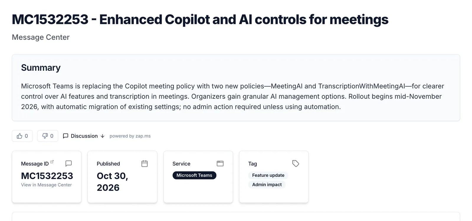 ประกาศ MC1532253 ลงวันที่ 30 ตุลาคม 2026 แจ้งว่า Teams MeetingAI และ TranscriptionWithMeetingAI จะแทน Copilot meeting policy