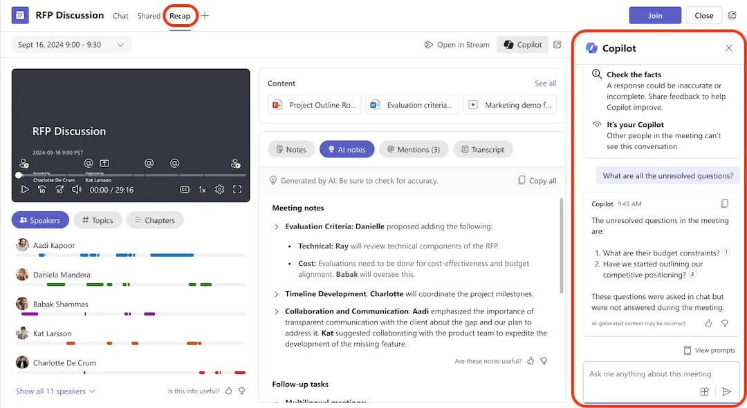 หน้า Recap ของการประชุมใน Teams พร้อมแผง Copilot ตอบคำถามจากเนื้อหาการประชุม