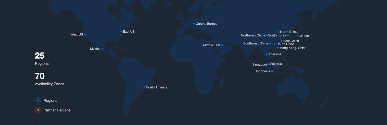 แผนที่โครงสร้างพื้นฐานของ Tencent Cloud แสดง 25 Region 70 Availability Zone รวมจุดในไทย มาเลเซีย สิงคโปร์ และอินโดนีเซีย