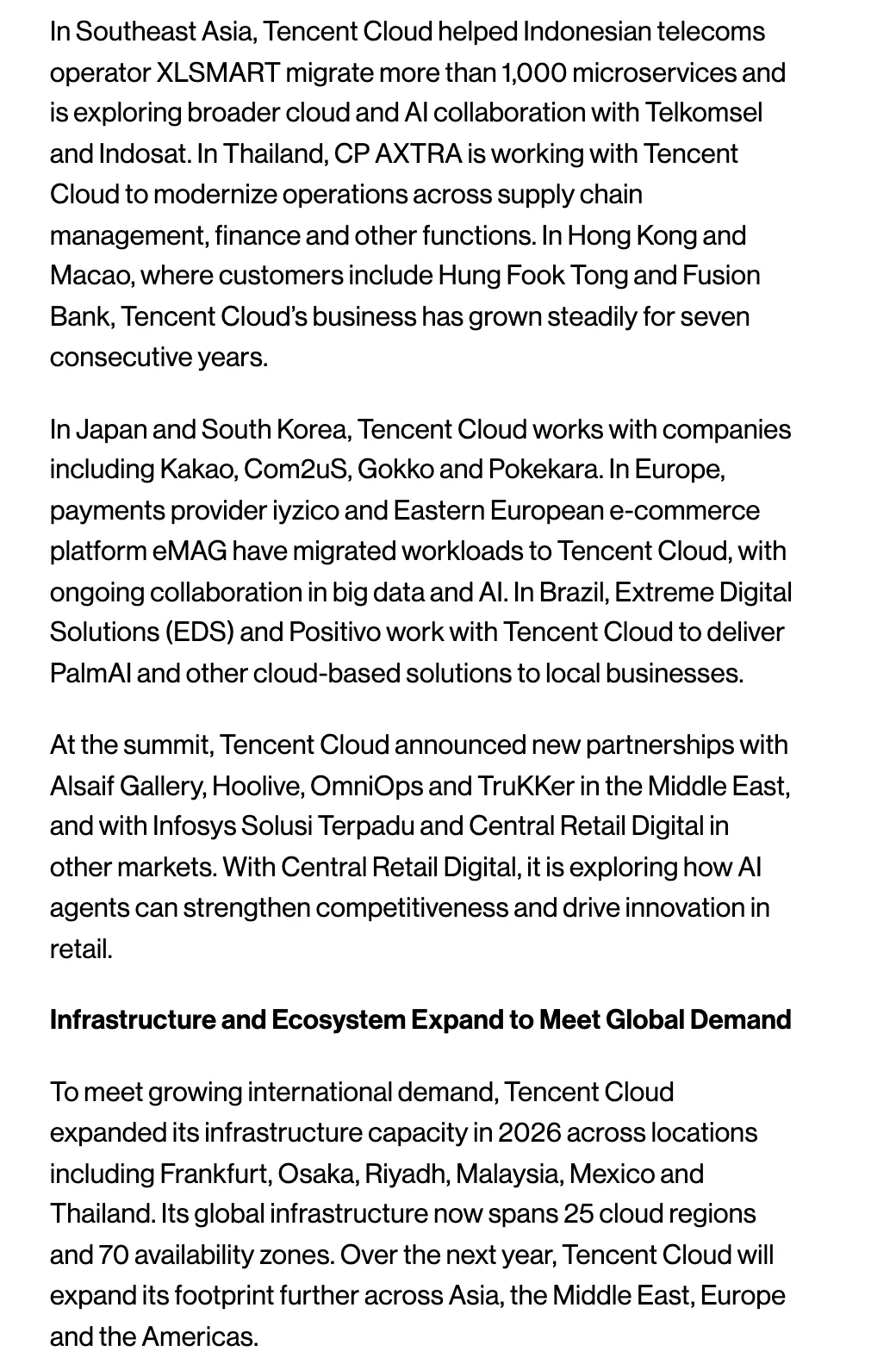 ข้อความในแถลงการณ์ Tencent ส่วนที่กล่าวถึง Tencent Cloud ในไทย CP AXTRA, Central Retail Digital และการขยายกำลังใน 6 พื้นที่