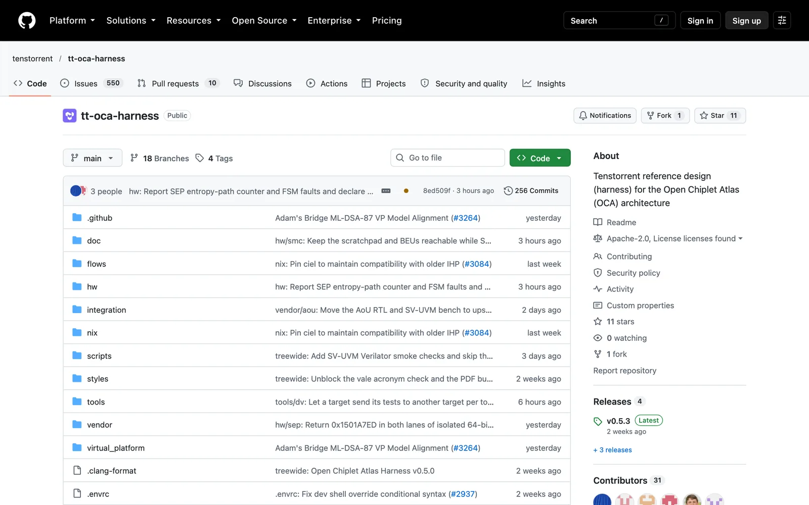 หน้า repository tenstorrent/tt-oca-harness บน GitHub ระบุไลเซนส์ Apache-2.0 และรุ่นล่าสุด v0.5.3
