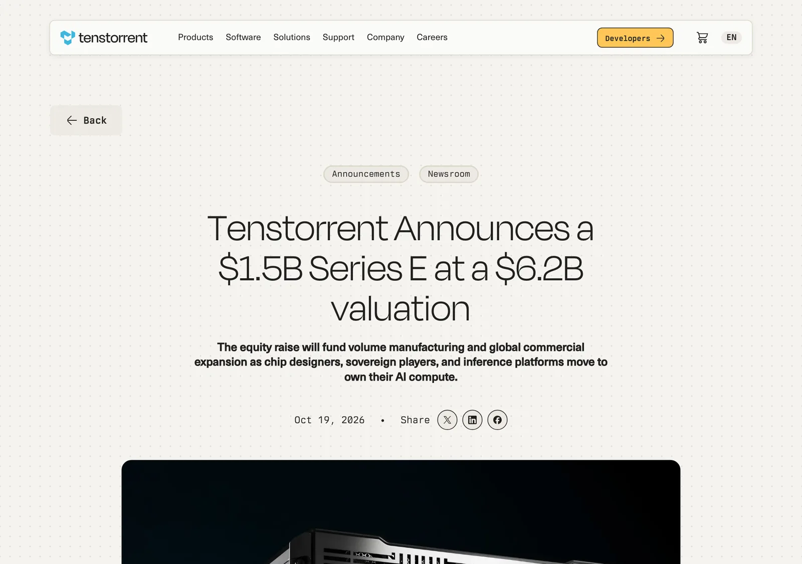 ภาพหน้าจอประกาศ Tenstorrent Announces a $1.5B Series E at a $6.2B valuation ลงวันที่ 19 ตุลาคม 2026