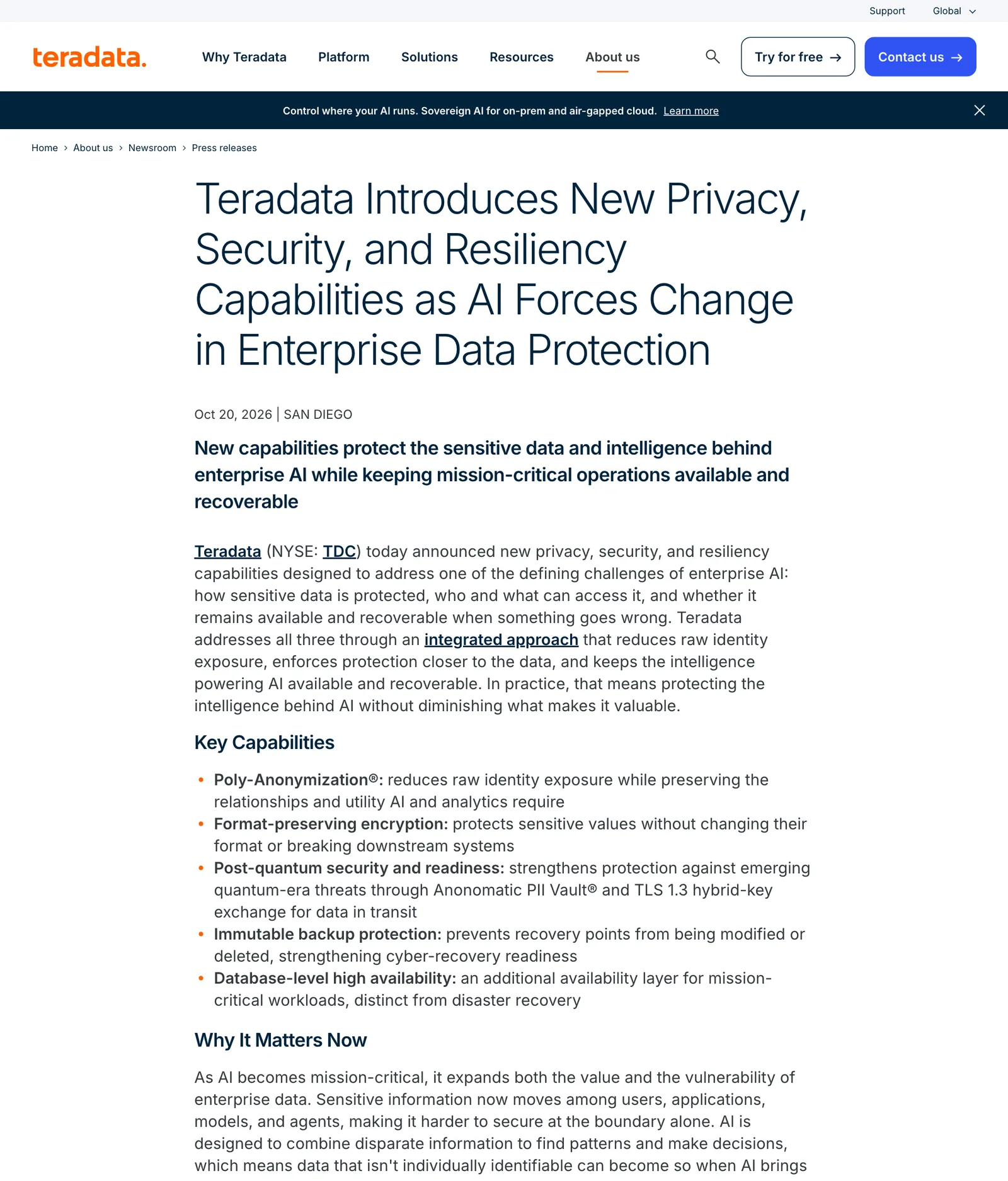 หน้าข่าว Teradata ส่วน Key Capabilities รายการ Poly-Anonymization, Format-preserving encryption, Post-quantum security, Immutable backup protection และ Database-level high availability
