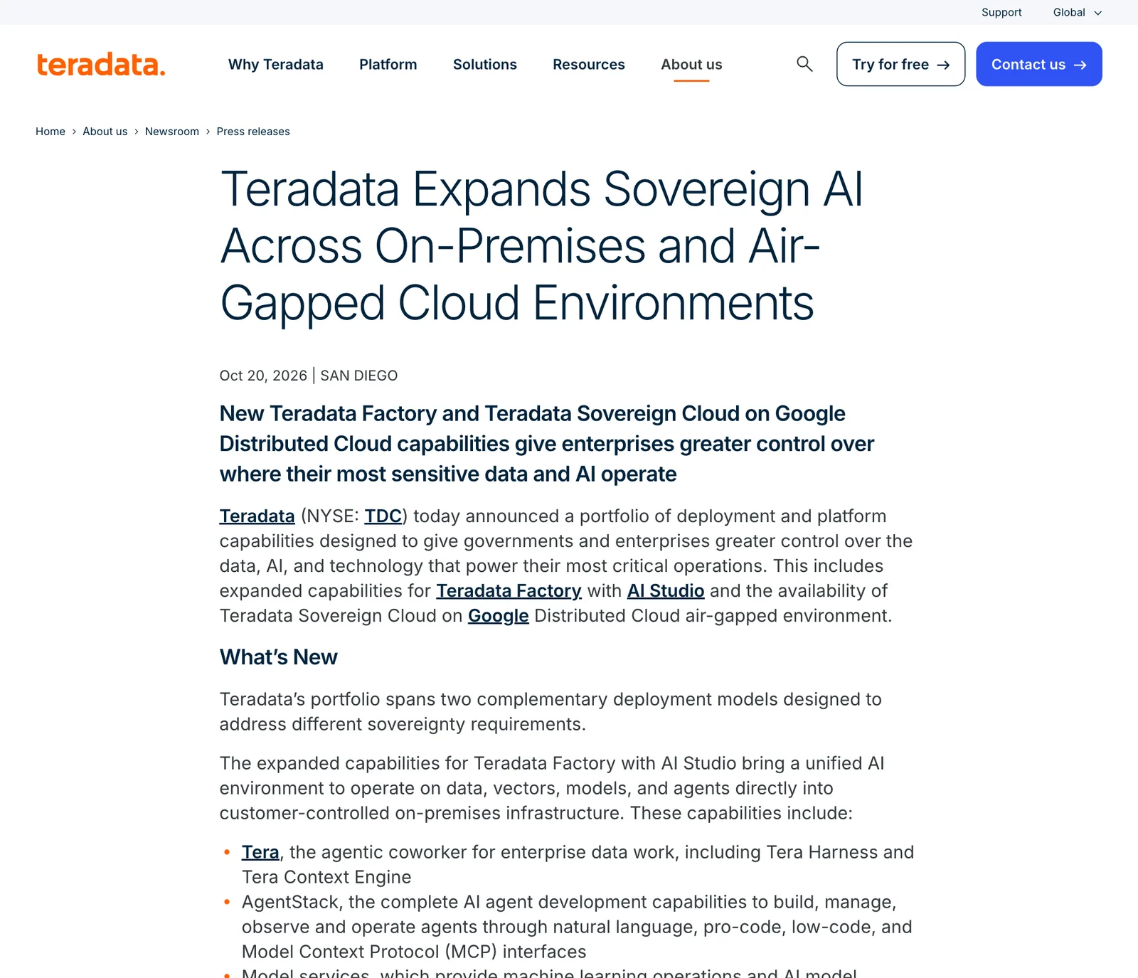 หน้าข่าว Teradata วันที่ 20 ตุลาคม 2026 ประกาศ Teradata Factory with AI Studio และ Teradata Sovereign Cloud บน Google Distributed Cloud air-gapped