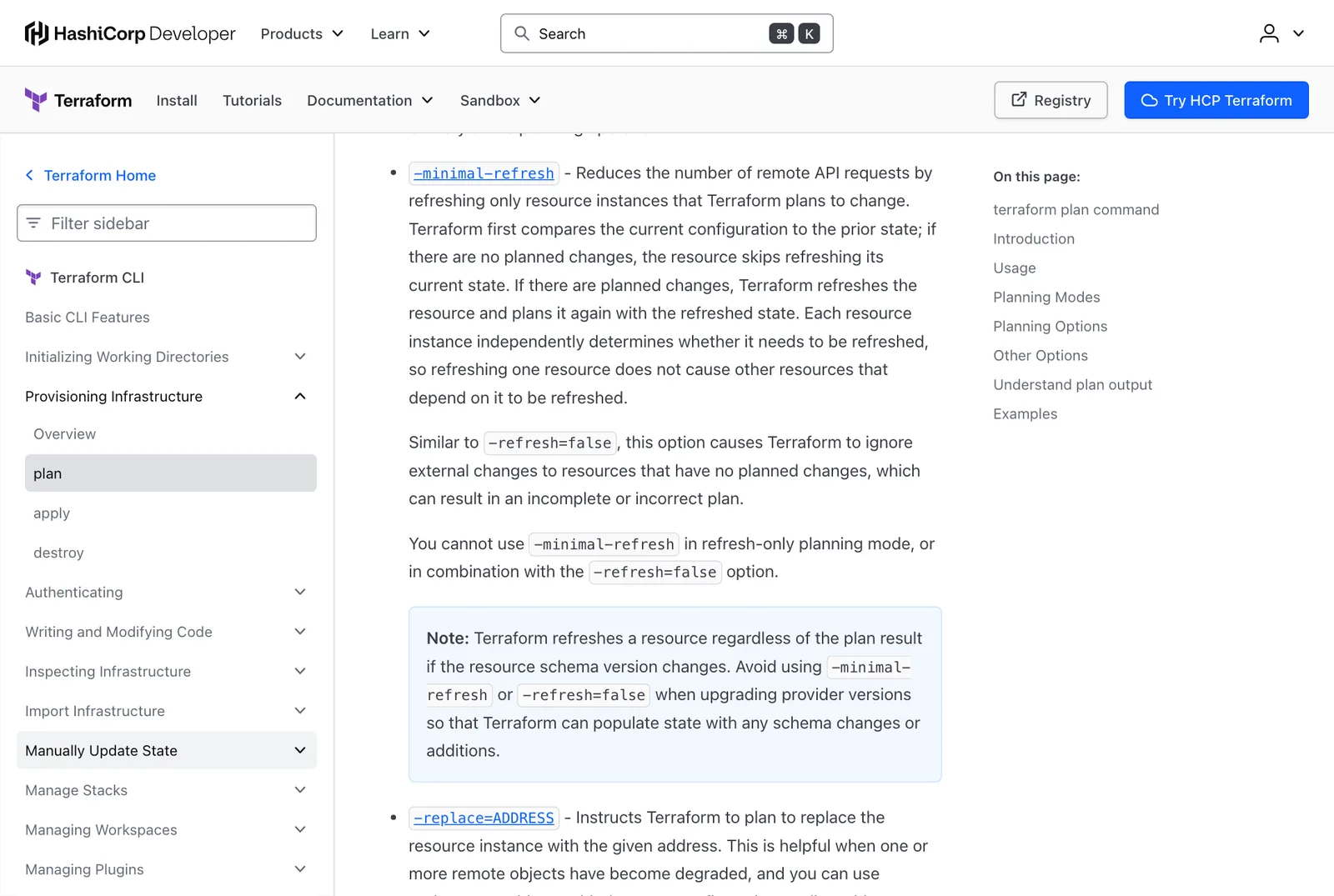 เอกสารคำสั่ง terraform plan อธิบายตัวเลือก -minimal-refresh และหมายเหตุให้หลีกเลี่ยงเมื่ออัปเกรด provider