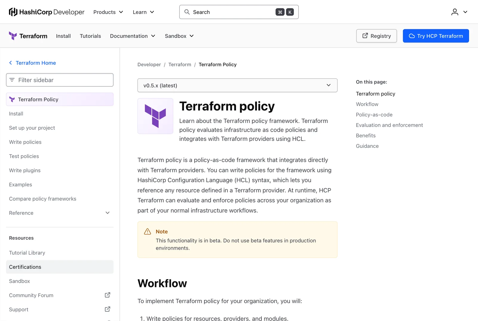 หน้าเอกสาร Terraform policy เวอร์ชัน v0.5.x บน HashiCorp Developer พร้อมกล่อง Note ว่าฟังก์ชันนี้ยังเป็นเบต้า