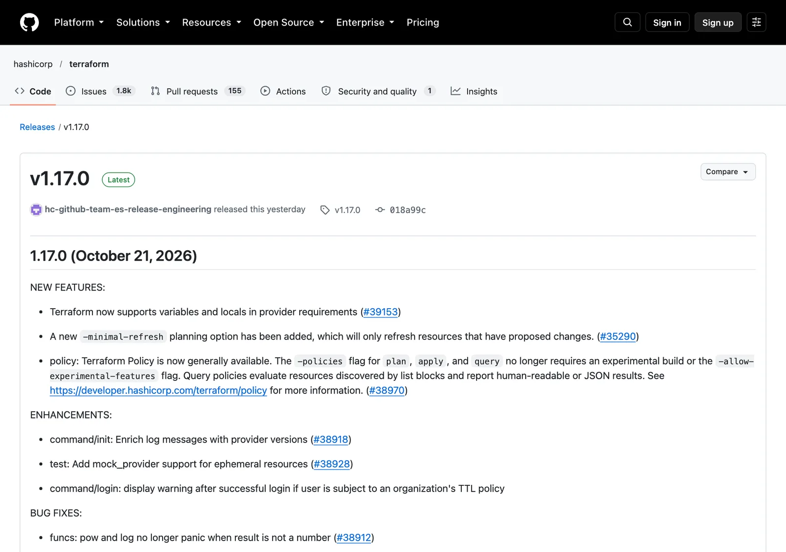 หน้า GitHub Release ของ Terraform 1.17.0 ลงวันที่ 21 ตุลาคม 2026 แสดงฟีเจอร์ใหม่ ตัวแปรใน provider requirements, -minimal-refresh และ Terraform Policy