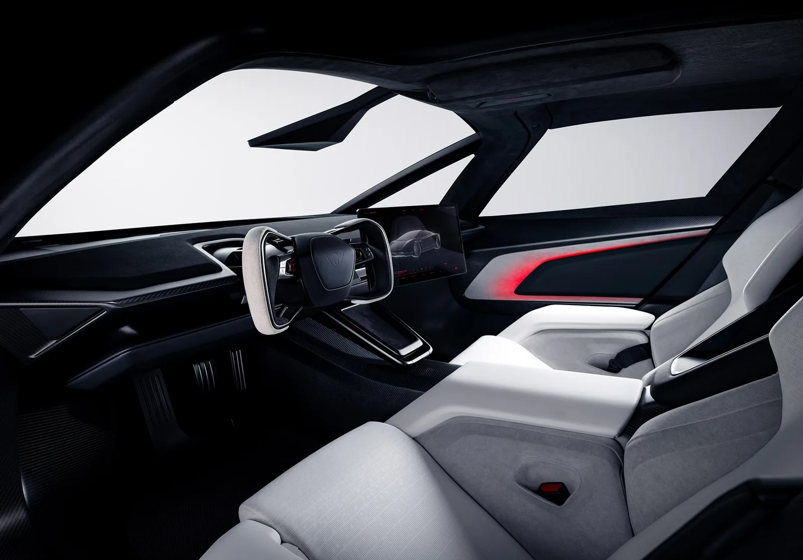 ห้องโดยสาร Tesla Roadster เบาะสีขาว Ultrawhite พวงมาลัย Yoke และจอกลาง