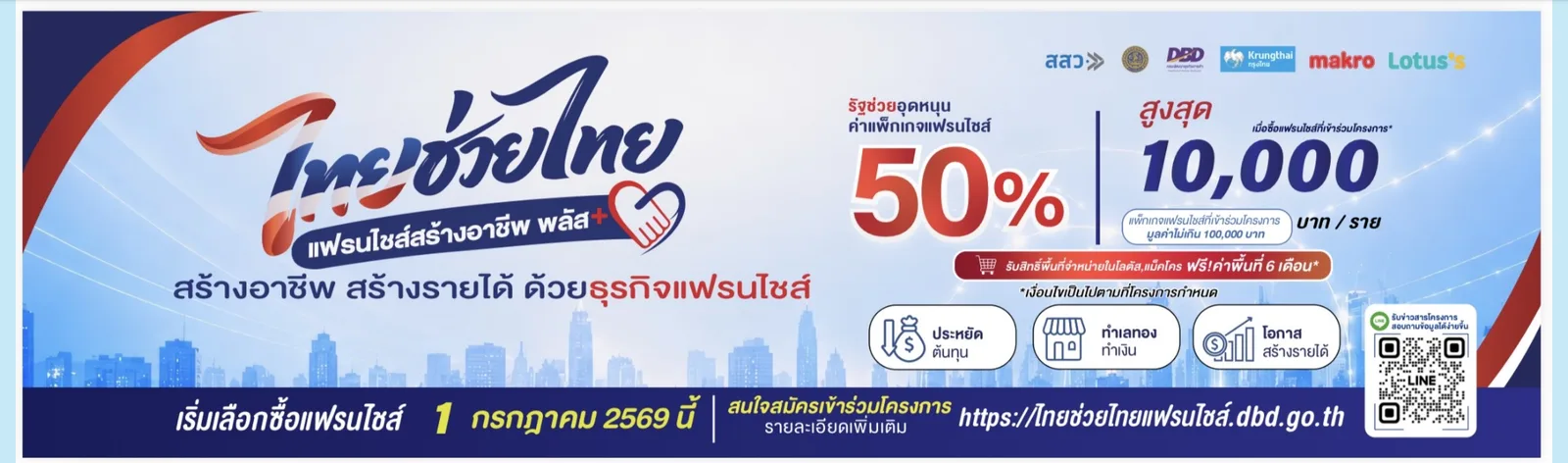 ภาพหน้าจอแบนเนอร์เว็บไซต์โครงการไทยช่วยไทย แฟรนไชส์สร้างอาชีพ พลัส รัฐช่วยอุดหนุนค่าแพ็กเกจแฟรนไชส์ 50% สูงสุด 10,000 บาทต่อราย แพ็กเกจไม่เกิน 100,000 บาท ฟรีค่าพื้นที่โลตัส แม็คโคร 6 เดือน