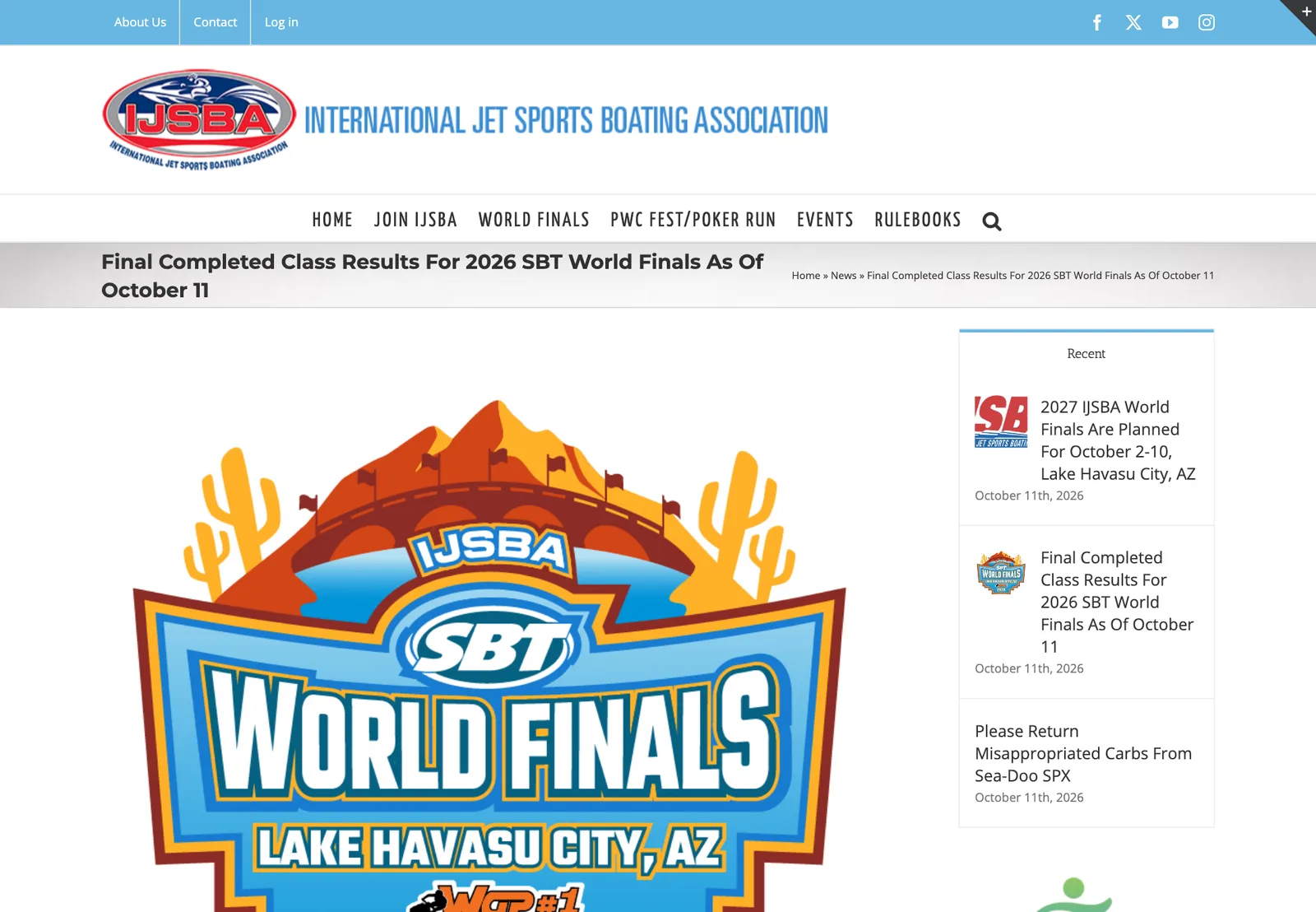 ภาพหน้าจอเว็บไซต์ IJSBA หน้าประกาศผลวันสุดท้ายของ 2026 SBT World Finals ณ 11 ตุลาคม 2026 พร้อมโลโก้รายการ World Finals ที่ Lake Havasu City