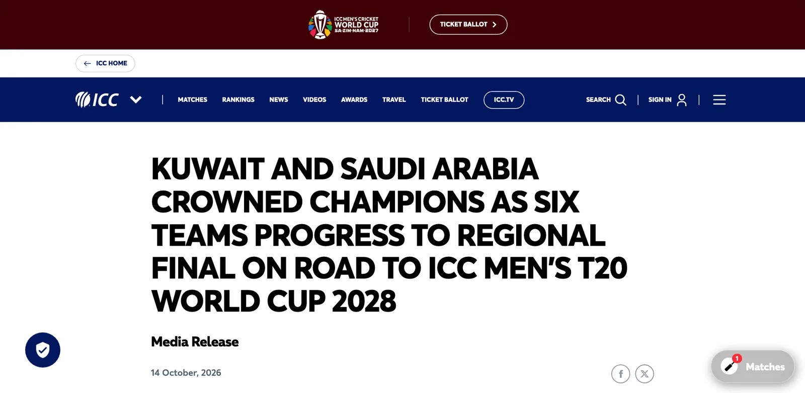 ภาพหน้าจอข่าวประชาสัมพันธ์ของ ICC วันที่ 14 ตุลาคม 2026 หัวข้อ Kuwait and Saudi Arabia crowned champions as six teams progress to Regional Final on road to ICC Men's T20 World Cup 2028