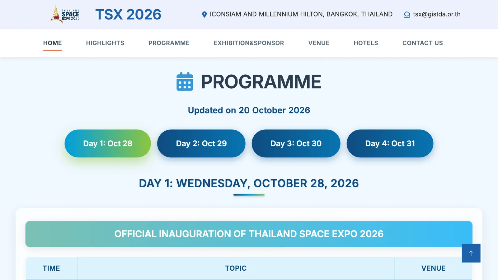 หน้าตารางงาน Thailand Space Expo 2026 ฉบับปรับปรุงวันที่ 20 ตุลาคม 2026 แสดงปุ่มเลือกวัน Day 1 ถึง Day 4 วันที่ 28–31 ตุลาคม