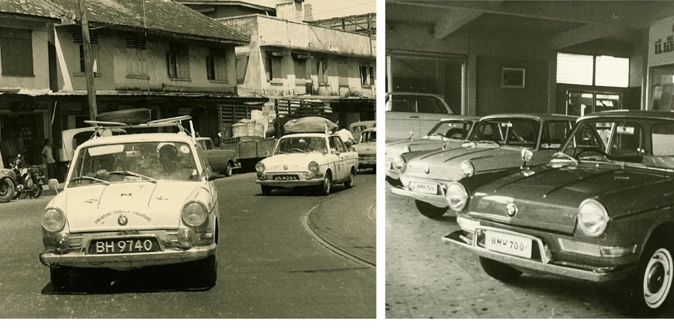 ภาพขาวดำรถ BMW 700 ในขบวนคาราวานจากสิงคโปร์ถึงกรุงเทพฯ ปี 1964 และ BMW 700 ในโชว์รูมยุคแรกของไทยยานยนตร์