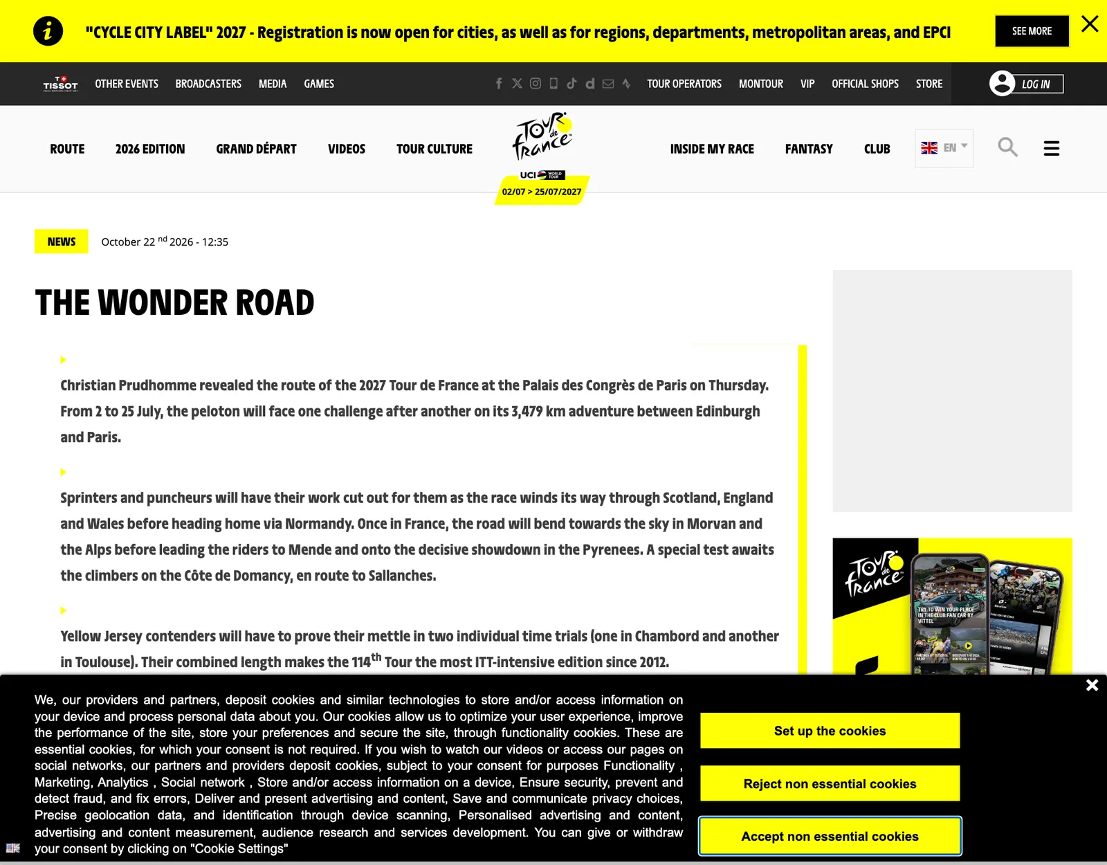 หน้าข่าว The wonder road บนเว็บไซต์ Tour de France วันที่ 22 ตุลาคม 2026 ประกาศเส้นทางตูร์เดอฟร็องส์ 2027