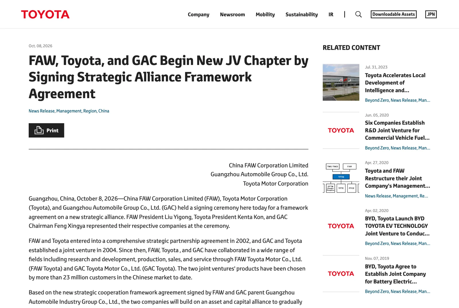 ภาพหน้าจอประกาศของ Toyota บน Global Newsroom เรื่อง FAW, Toyota และ GAC ลงนามกรอบความตกลงพันธมิตรเชิงกลยุทธ์ ลงวันที่ 8 ตุลาคม 2026