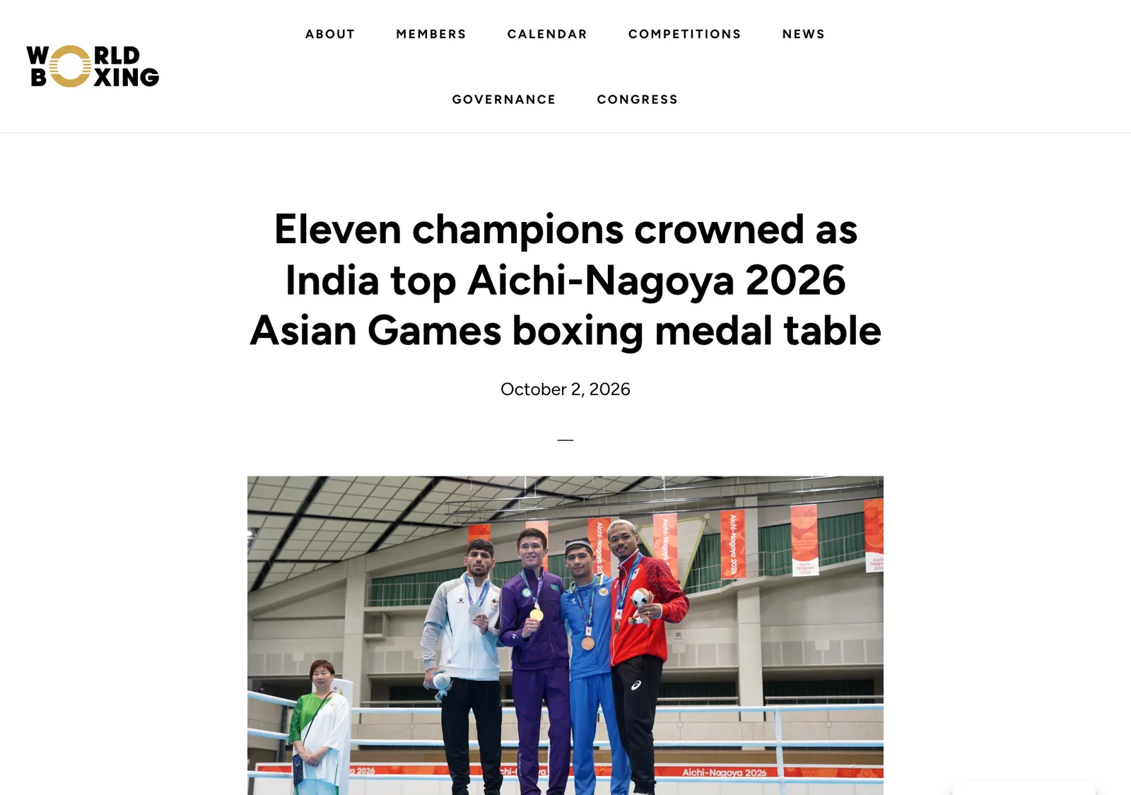 ภาพหน้าจอข่าว World Boxing วันที่ 2 ตุลาคม 2026 หัวข้อ Eleven champions crowned as India top Aichi-Nagoya 2026 Asian Games boxing medal table พร้อมภาพนักมวยชายบนโพเดียม