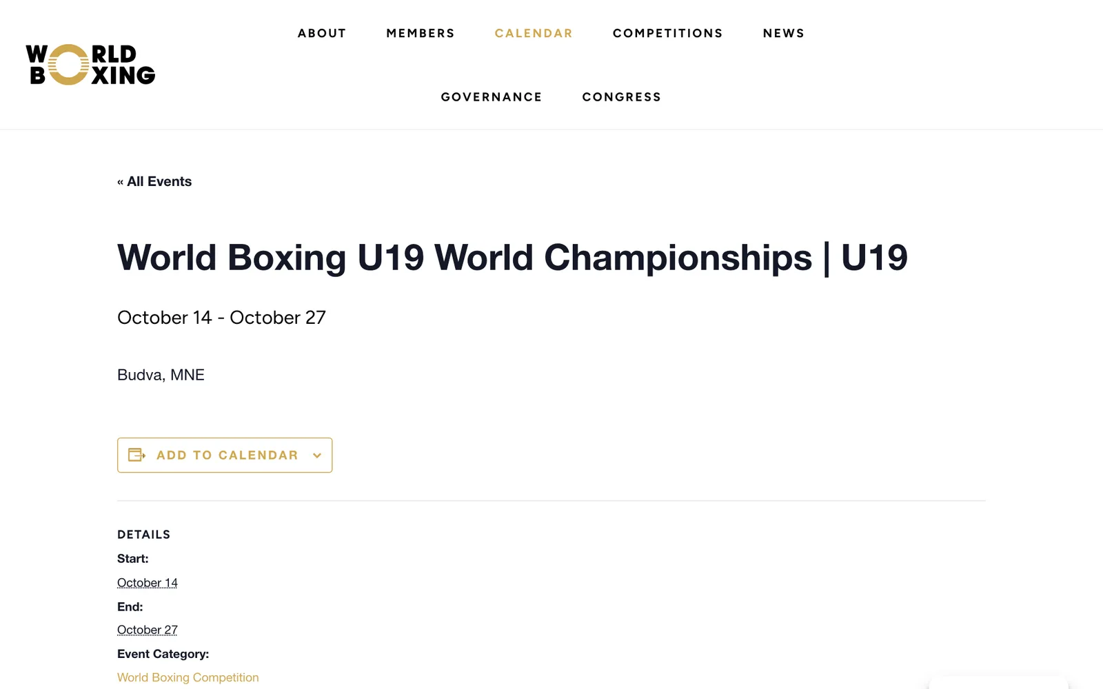 ภาพหน้าจอปฏิทินของ World Boxing: World Boxing U19 World Championships วันที่ 14–27 ตุลาคม ที่บุดวา มอนเตเนโกร