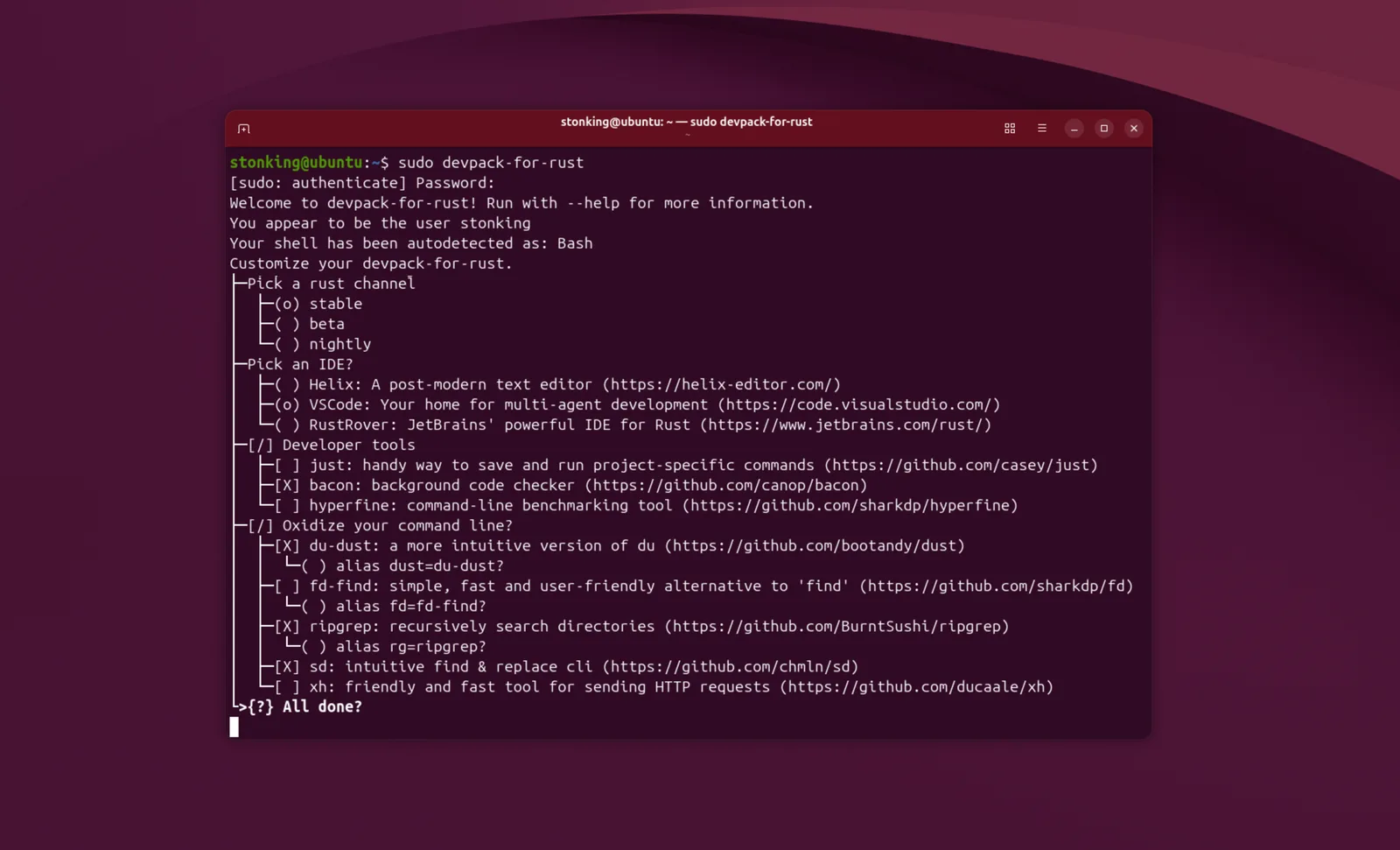เทอร์มินัลรันคำสั่ง devpack-for-rust บน Ubuntu 26.10 ให้เลือกช่องทาง stable beta nightly IDE และเครื่องมืออย่าง ripgrep และ fd-find
