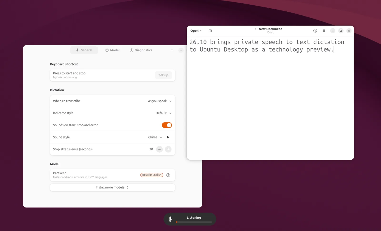 หน้าตั้งค่า Myna บน Ubuntu 26.10 มีคีย์ลัด Press to start and stop การตั้งค่า Dictation และโมเดล Parakeet ข้างหน้าต่างเอกสารที่พิมพ์จากเสียง