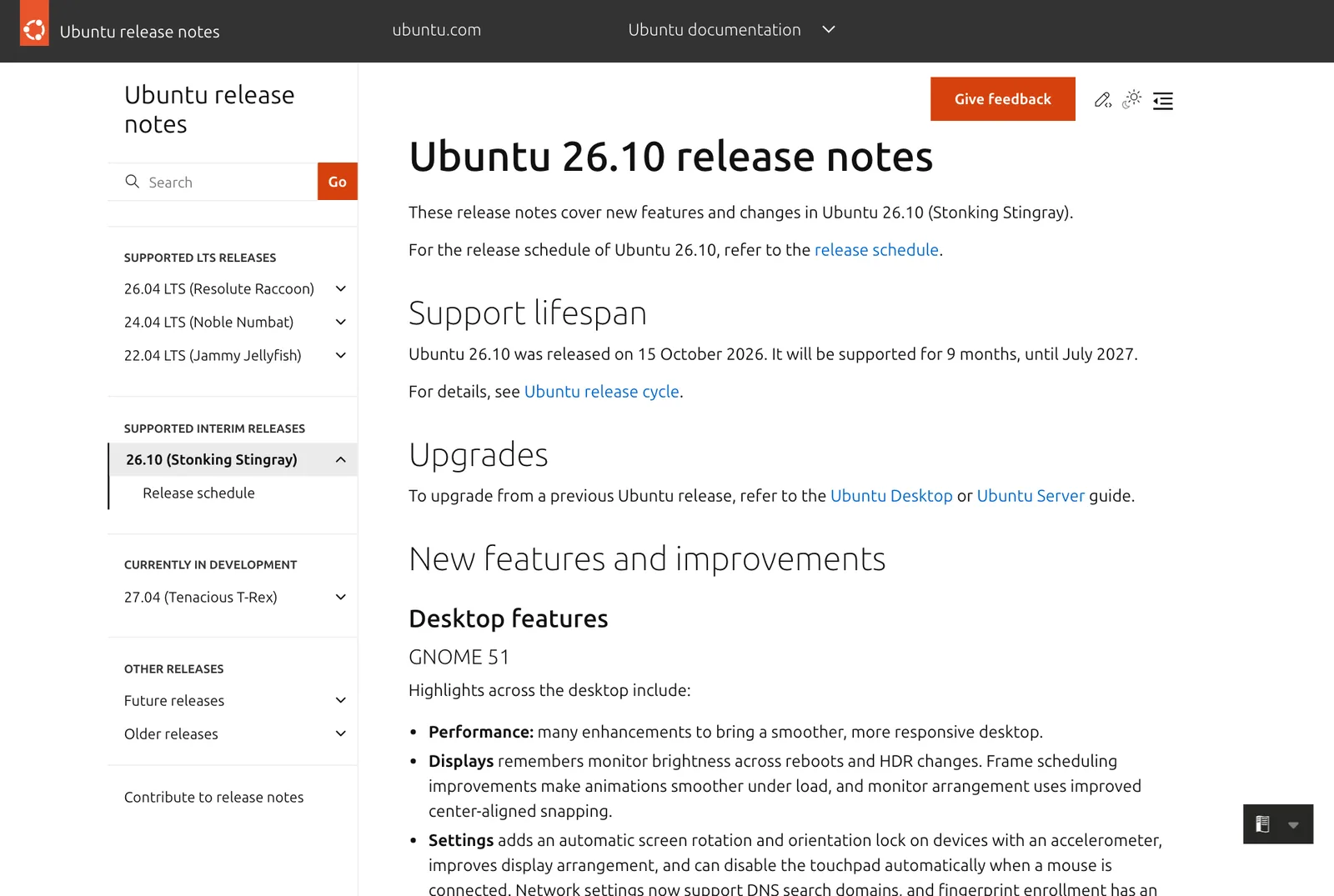 หน้า Ubuntu 26.10 release notes หัวข้อ Support lifespan ระบุว่าปล่อย 15 October 2026 และซัพพอร์ต 9 เดือนถึง July 2027