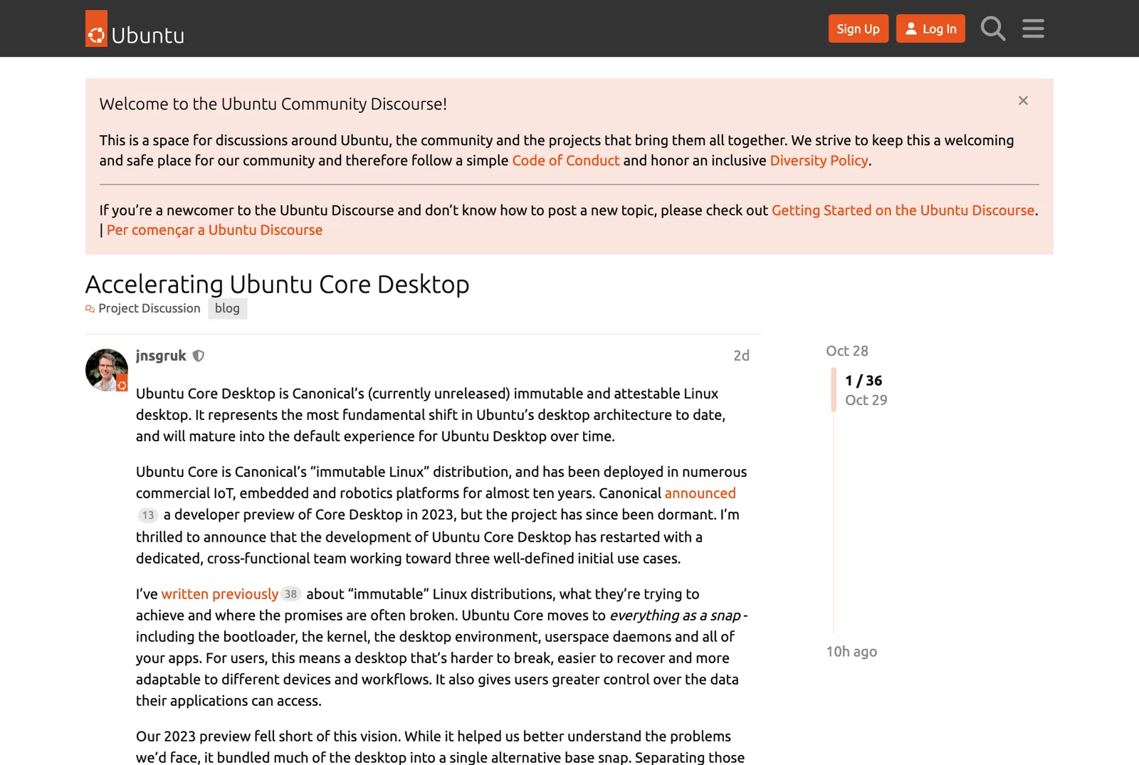 โพสต์ Accelerating Ubuntu Core Desktop บน Ubuntu Discourse ของ Canonical
