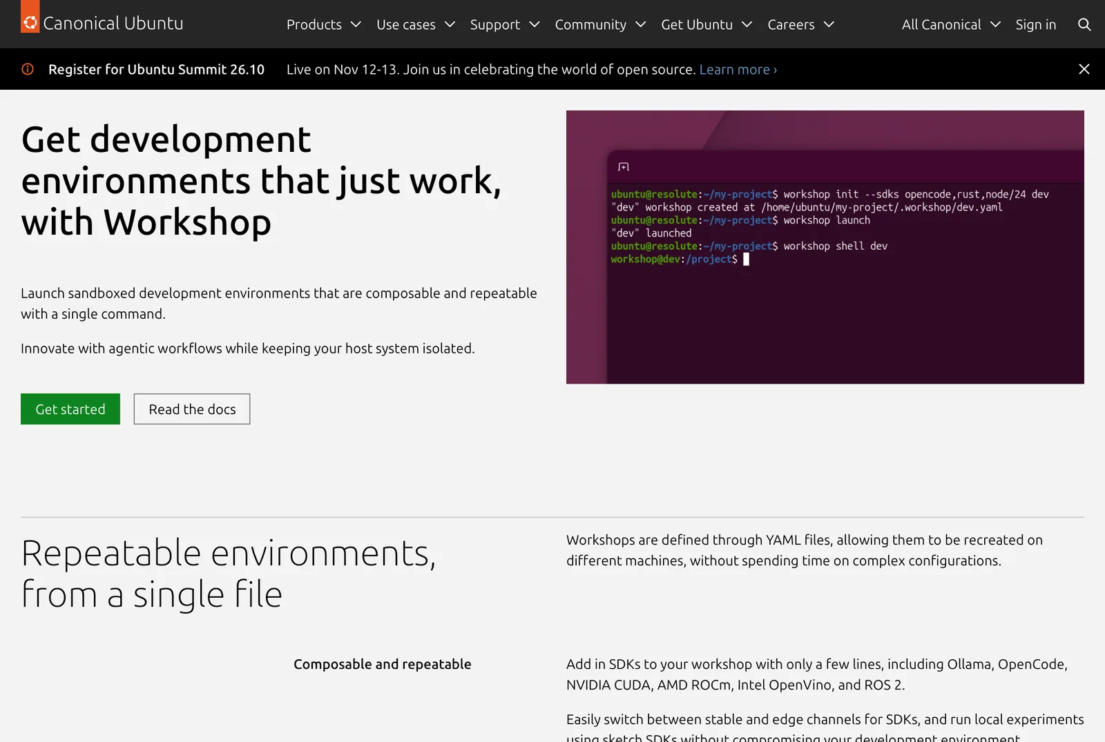 หน้า Workshop ของ Canonical อธิบายการเปิดสภาพแวดล้อมพัฒนาแบบแยกส่วนด้วยคำสั่งเดียว