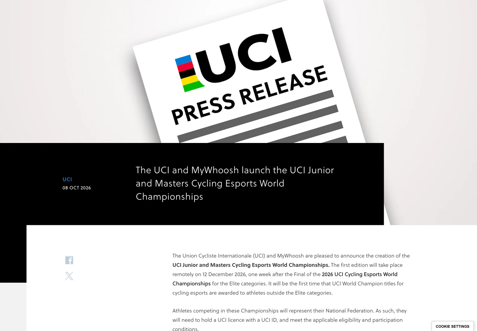 หน้าประกาศของ UCI ลงวันที่ 8 ตุลาคม 2026 หัวข้อ The UCI and MyWhoosh launch the UCI Junior and Masters Cycling Esports World Championships พร้อมย่อหน้าแรกที่ระบุวันแข่ง 12 ธันวาคม 2026