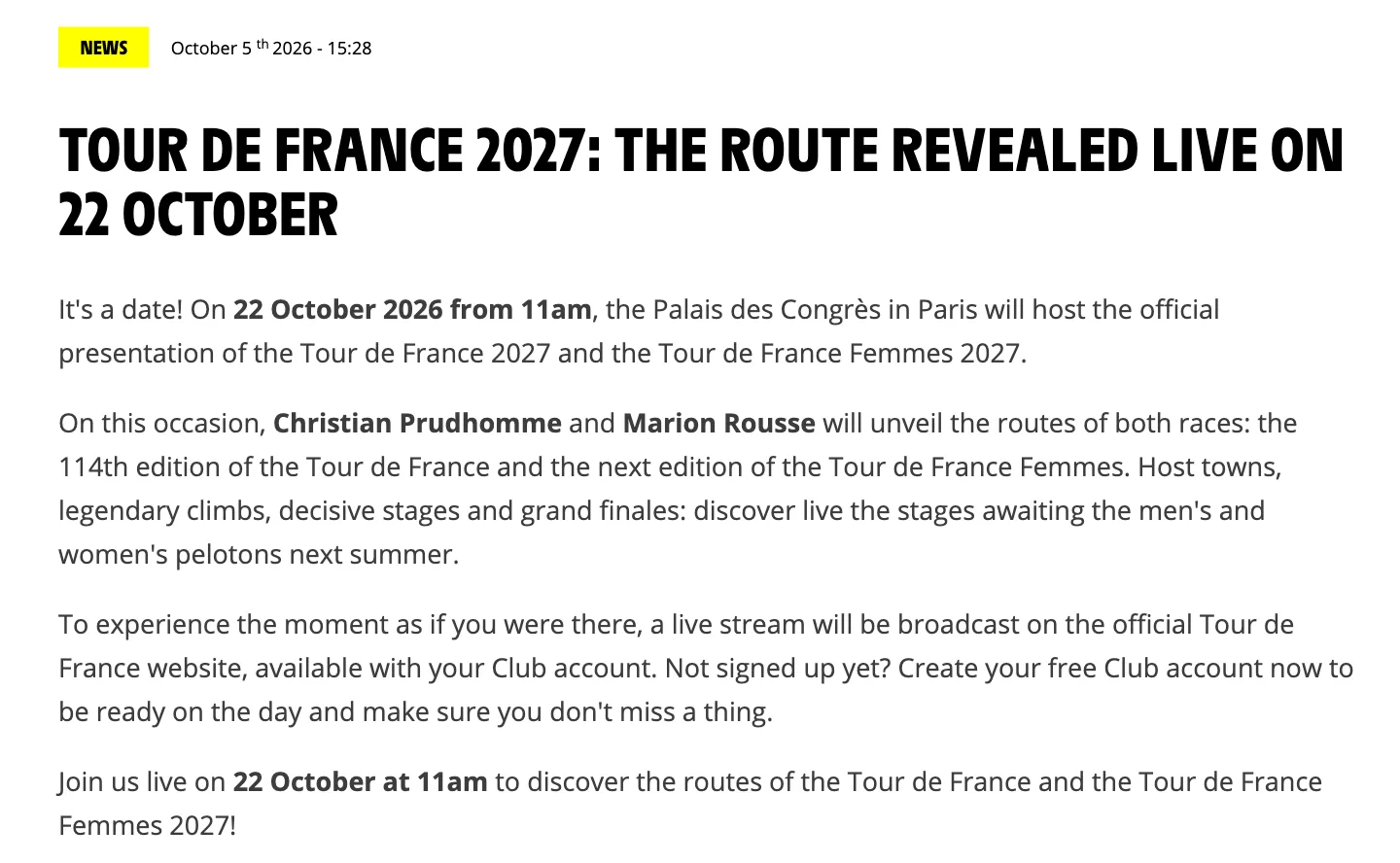 หน้าข่าวบนเว็บไซต์ Tour de France ประกาศเปิดเส้นทาง Tour de France 2027 และ Tour de France Femmes 2027 ที่ Palais des Congrès กรุงปารีส วันที่ 22 ตุลาคม 2026 เวลา 11:00 น. โดย Christian Prudhomme และ Marion Rousse