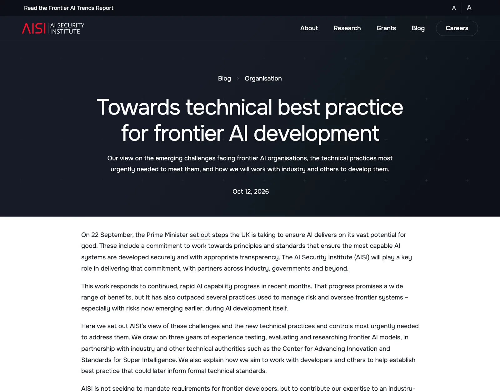 ภาพหน้าจอบทความ Towards technical best practice for frontier AI development ของ AI Security Institute สหราชอาณาจักร วันที่ 12 ตุลาคม 2026