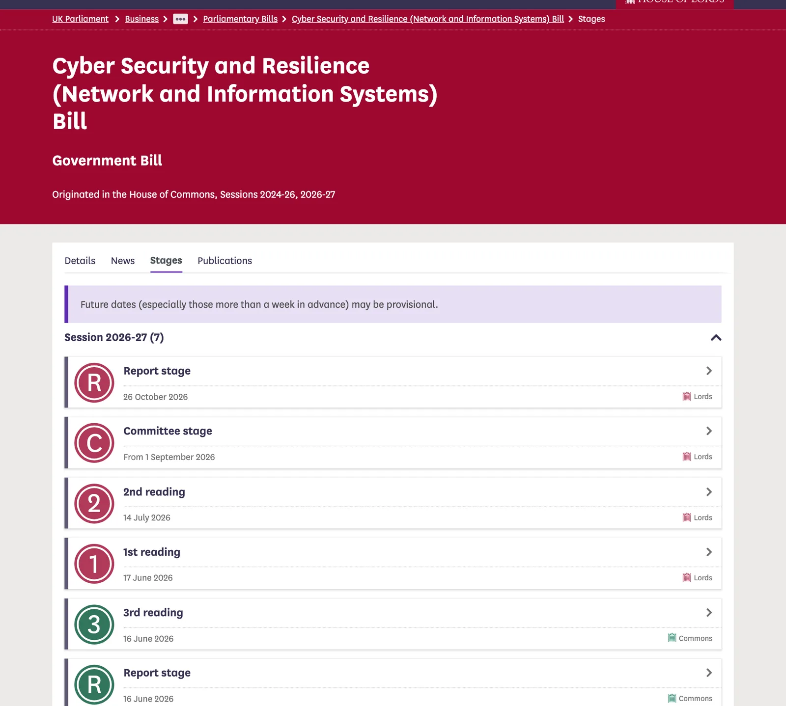 ภาพหน้าจอหน้าลำดับขั้นของ Cyber Security and Resilience (Network and Information Systems) Bill บนเว็บไซต์รัฐสภาสหราชอาณาจักร แสดงขั้นรายงานของสภาขุนนางวันที่ 26 ตุลาคม 2026