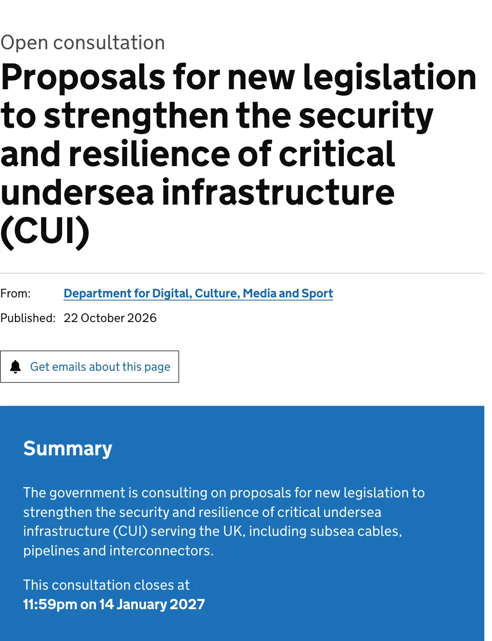 ภาพหน้าจอหน้า Open consultation ของ GOV.UK เรื่อง Proposals for new legislation to strengthen the security and resilience of critical undersea infrastructure ปิดรับ 23:59 น. วันที่ 14 มกราคม 2027