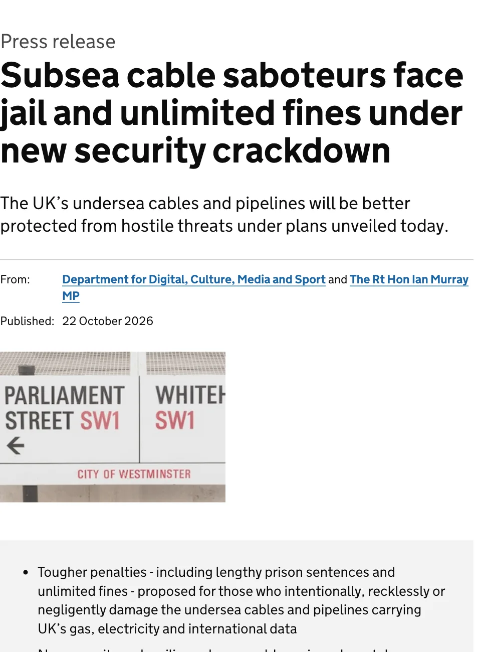 ภาพหน้าจอประกาศ Subsea cable saboteurs face jail and unlimited fines under new security crackdown ของ GOV.UK เผยแพร่ 22 ตุลาคม 2026 เรื่องกฎหมายเคเบิลใต้น้ำอังกฤษ