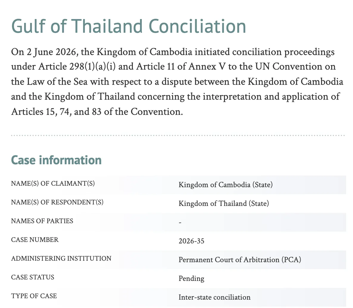 หน้าคดี Gulf of Thailand Conciliation ของศาลอนุญาโตตุลาการถาวร คดีหมายเลข 2026-35 กัมพูชาเป็นผู้เริ่มกระบวนการประนอมข้อพิพาท UNCLOS ไทย-กัมพูชา เมื่อ 2 มิถุนายน 2026