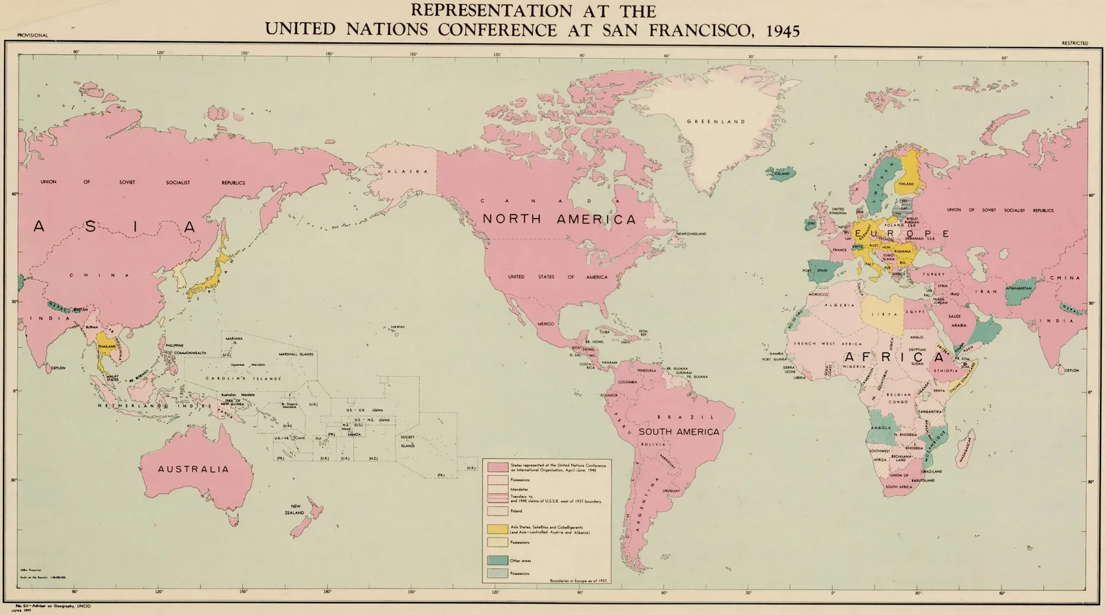 แผนที่โลก Representation at the United Nations Conference at San Francisco, 1945 ระบายสีชมพูให้รัฐที่มีผู้แทนในการประชุมสหประชาชาติ สีเหลืองให้กลุ่ม Axis States, Satellites and Cobelligerents ซึ่งรวมดินแดนที่เขียนว่า THAILAND และสีเขียวให้พื้นที่อื่น