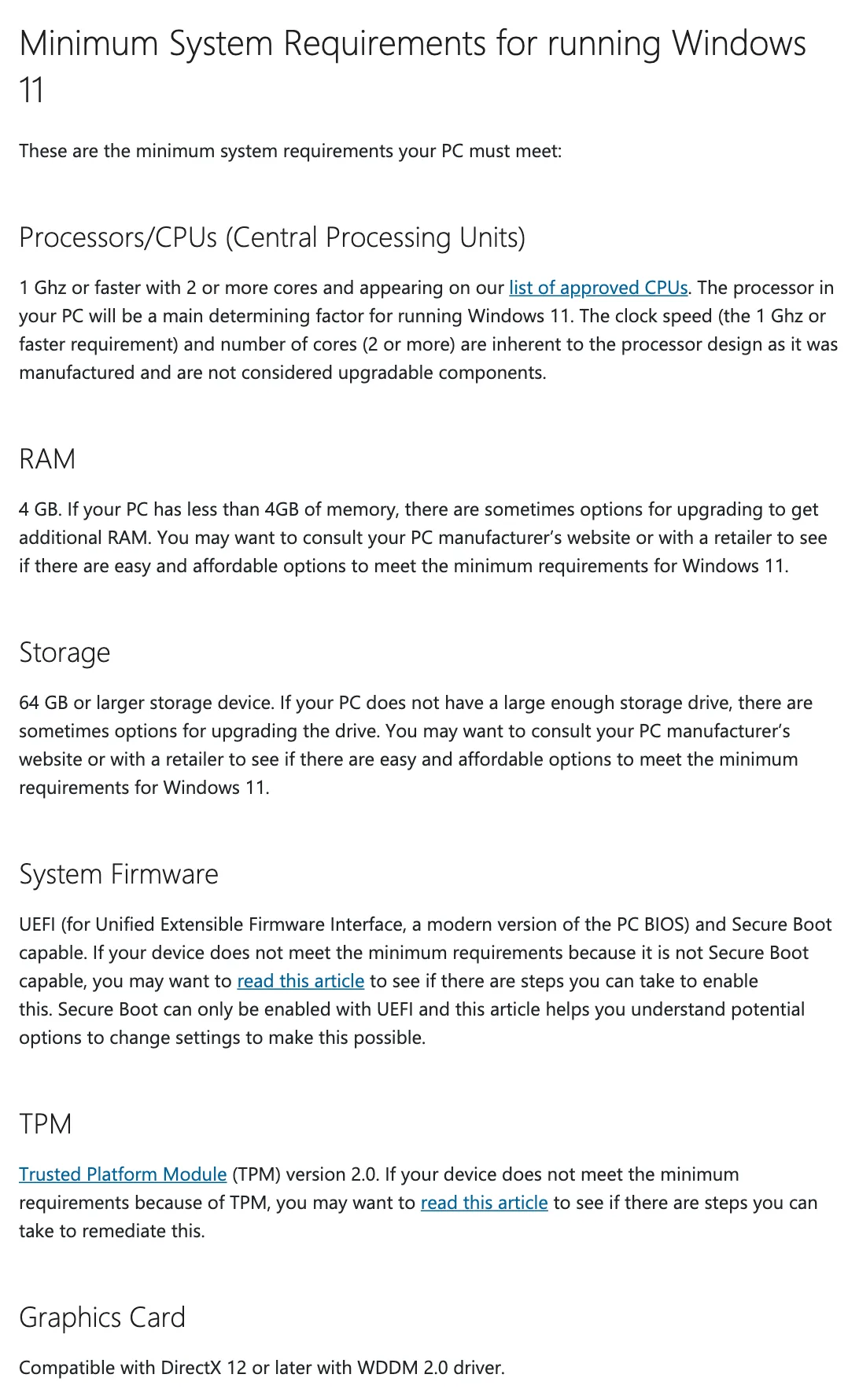 สเปกขั้นต่ำสำหรับอัปเกรดเป็น Windows 11 ในหน้า Windows 11 System Requirements ของ Microsoft: CPU 1 GHz 2 คอร์ขึ้นไป RAM 4 GB พื้นที่ 64 GB UEFI กับ Secure Boot และ TPM 2.0