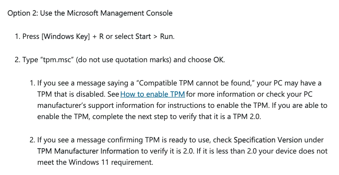 ขั้นตอน Option 2 ในหน้า Enable TPM 2.0 on your PC: กด Windows + R พิมพ์ tpm.msc แล้วดู Specification Version ว่าเป็น 2.0