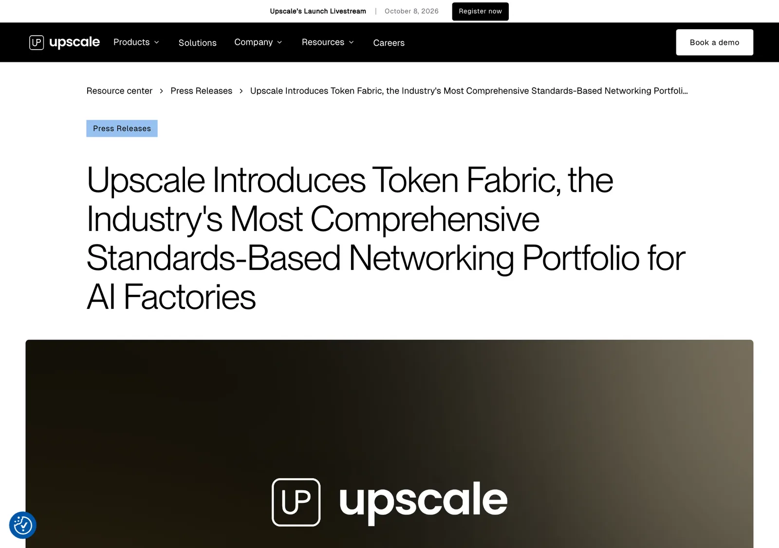 หน้าประกาศ Upscale Introduces Token Fabric บนเว็บไซต์ upscale.com พร้อมแถบแจ้ง Upscale's Launch Livestream วันที่ 8 ตุลาคม 2026