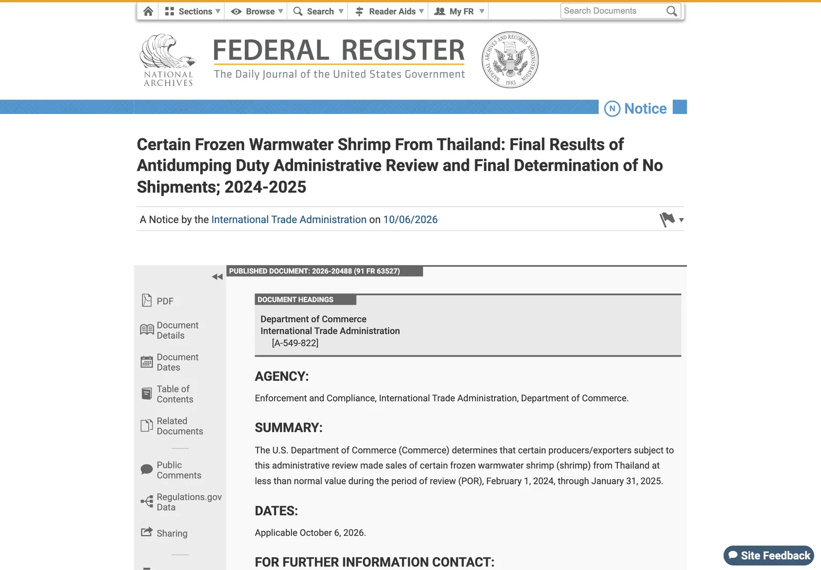 หน้าประกาศ Federal Register ผลขั้นสุดท้ายการทบทวนอากร AD กุ้งแช่แข็งจากไทยรอบ 2024–2025 คดี A-549-822 ลงวันที่ 6 ตุลาคม 2026