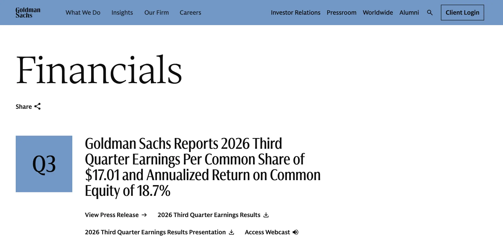 หน้า Financials ของเว็บไซต์ Goldman Sachs แสดงประกาศผลประกอบการไตรมาส 3/2026 กำไรต่อหุ้น 17.01 ดอลลาร์และ ROE 18.7%