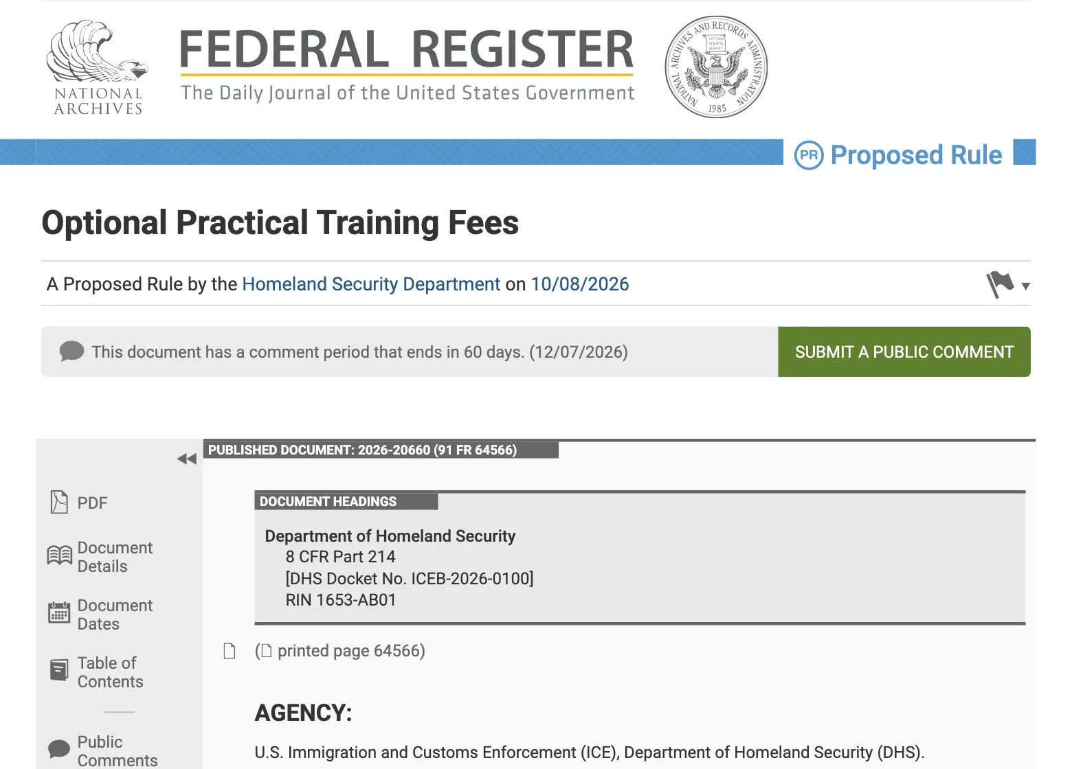 หน้าร่างกฎ Optional Practical Training Fees ของ DHS บนเว็บไซต์ Federal Register ลงวันที่ 8 ตุลาคม 2026 เอกสารเลขที่ 2026-20660 docket ICEB-2026-0100